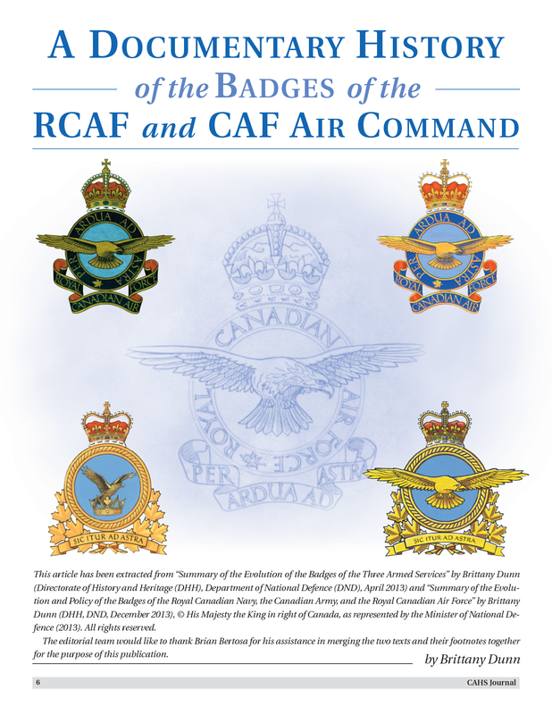 RCAF Centennial 1924-2024 Special Edition of the CAHS Journal – Title page for the article, A Documentary History of the Badges of the RCAF and CAF Air Command