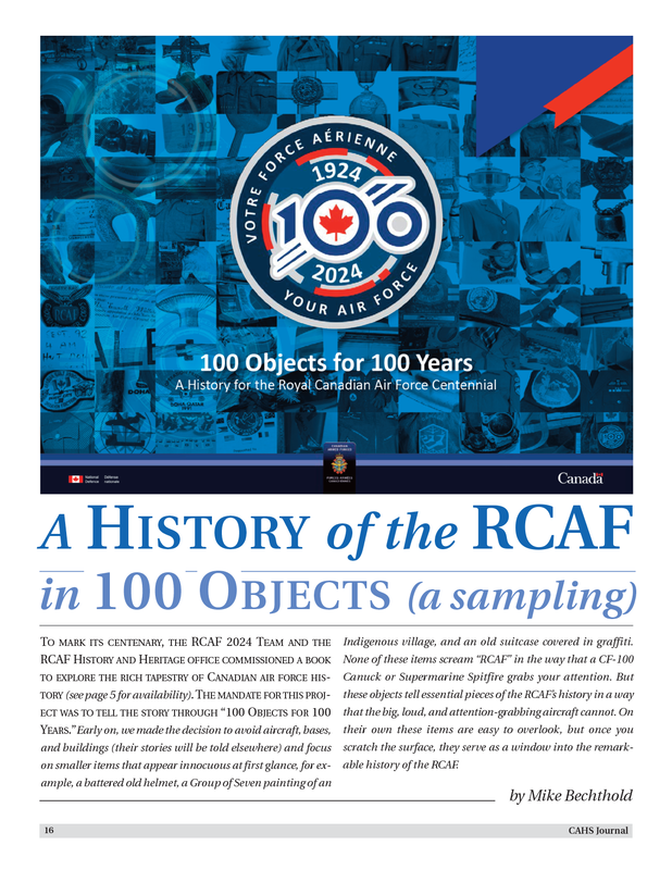 RCAF Centennial 1924-2024 Special Edition of the CAHS Journal – Title page for the article, A History of the RCAF in 100 Objects (a sampling)