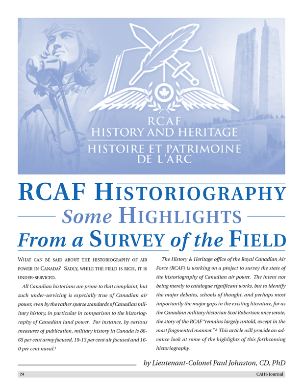 RCAF Centennial 1924-2024 Special Edition of the CAHS Journal – Title page for the article, RCAF Historiography – Some Highlights From a Survey of the Field
