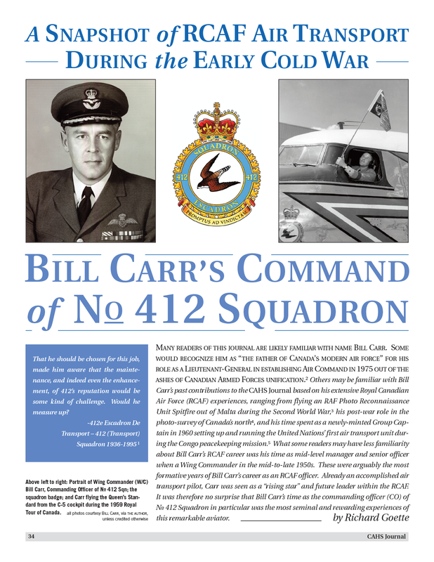 RCAF Centennial 1924-2024 Special Edition of the CAHS Journal – Title page for the article, A Snapshot of RCAF Air Transport During the Early Cold War: Bill Carr's Command of 412 Sqn