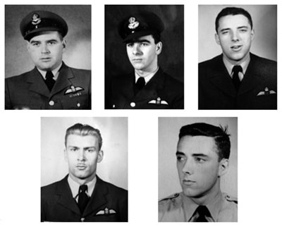 Five of the nine lost KB914 airmen. Only two of the photos were labeled with names; F/O Scott (upper left) and F/O Wood (upper middle.).
(HUGH HALLIDAY collection)