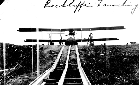 A view of the Ottawa River bank looking up to Rockcliffe Air Station. This photo was taken before the new ramp was built, and shows the height and steepness of the river bank up and down which aircraft were lowered.