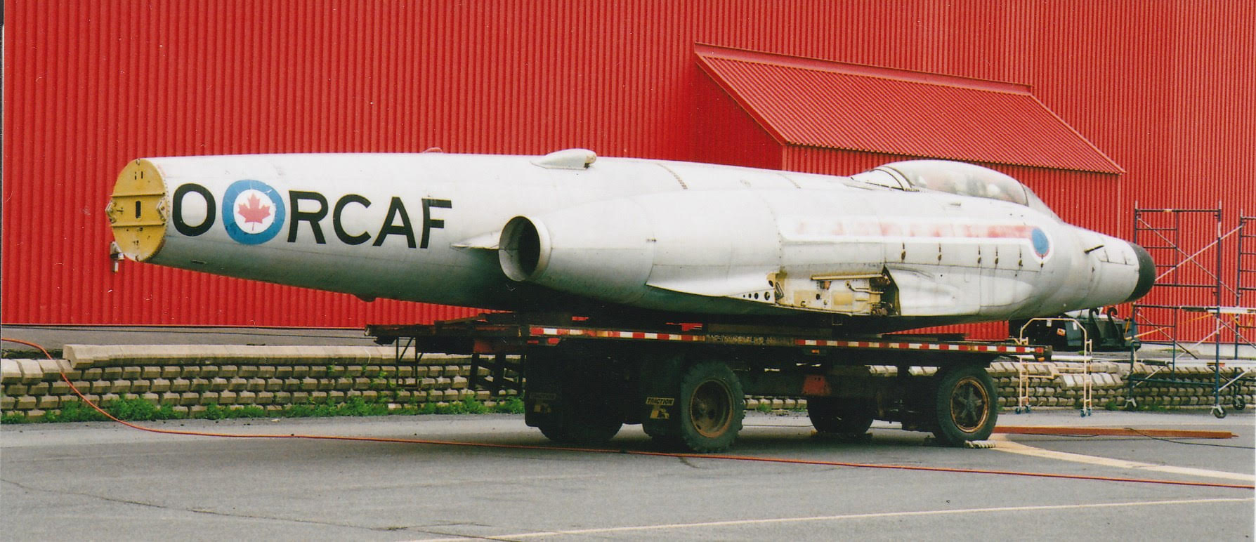 Avro Canada CF-100 Mk 5, flown as a test bed by P&W, now under restoration by the QAM at St. Hubert, May 25, 2019. This aircraft, formerly RCAF 100760, has a unique place in history as a result of its long service with Pratt and Whitney where it flew from 1968 to 1982 as a test bed for the JT15D turbofan engine, installed on the underside of the fuselage.