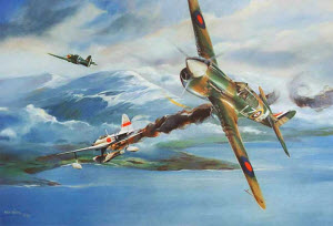 Victory Over Kiska by Rich Thistle - Aleutian Islands, 25 September 1942, Ken Boomer of 111 Sq. RCAF - but fighting with the USAAF's 11 Sqdn. and their "extra" fighter aircraft – reportedly downs an A6M2-N "Rufe" Float plane over Kiska to become the only Canadian to shoot an enemy aircraft in North American skies.